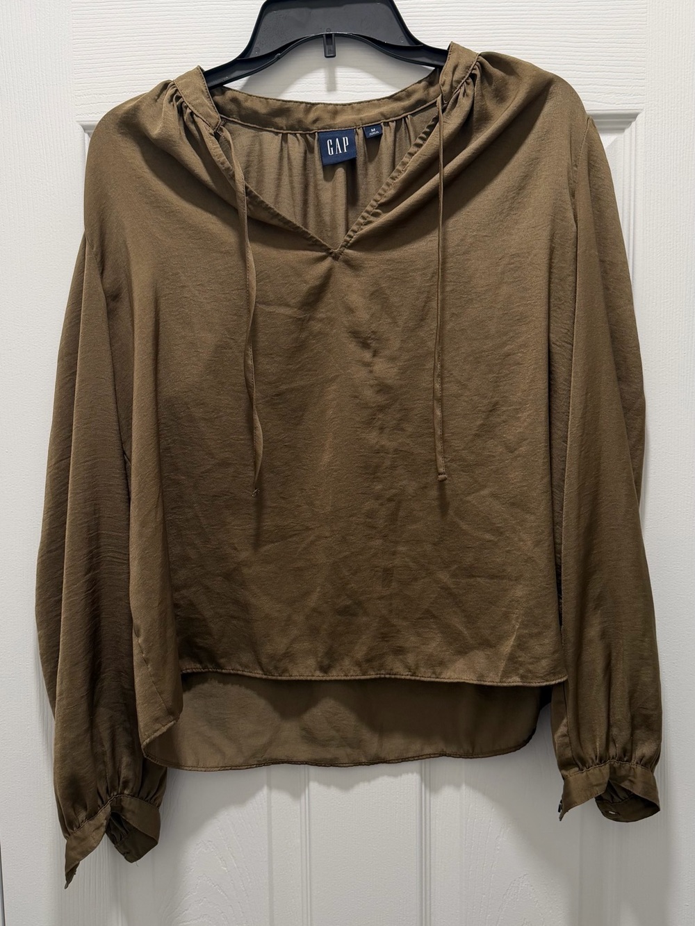 GAP Olive Tie-Neck Long Sleeve Peasant Blouse
